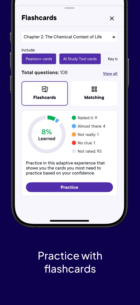 Pearson+ | Study Prep & eTexts - The flashcard feature helps students track their learning progress with an intuitive 'percent learned display' and offers both 'flashcards and matching' practice modes.
