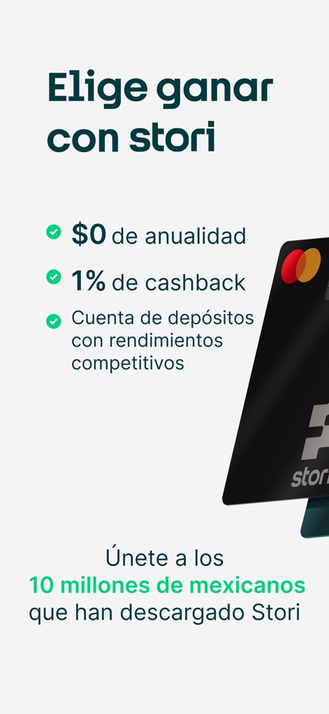 Stori - Crédito y Ahorro - This screenshot highlights the app's core financial advantages, showcasing the "no annual fee" perk and the distinctive "Stori credit card design".