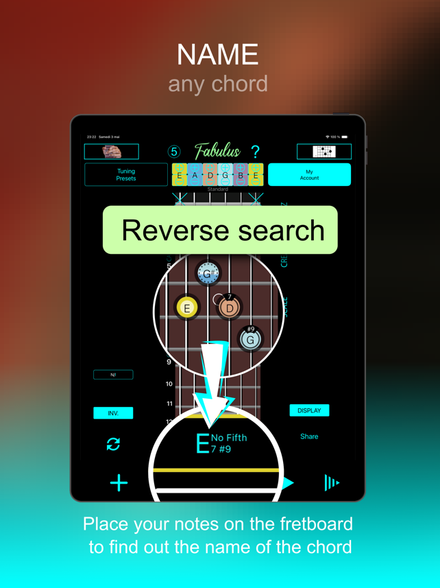 لقطة شاشة للوحة أصابع الجيتار من أداة البحث عن الأوتار