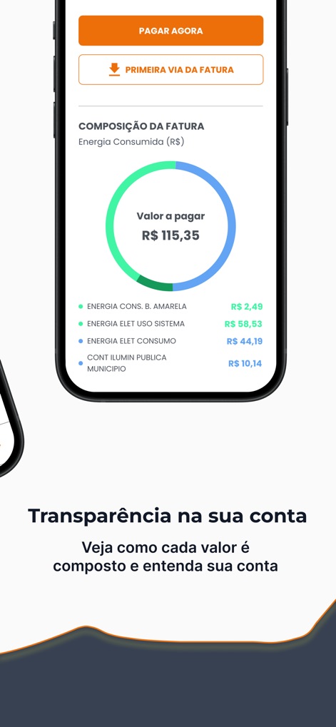 Copel - Esta tela detalha a "Composição da Fatura" através de um gráfico visual e lista os itens de custo como "Energia Cons. B. Amarela", garantindo transparência e compreensão completa da conta.