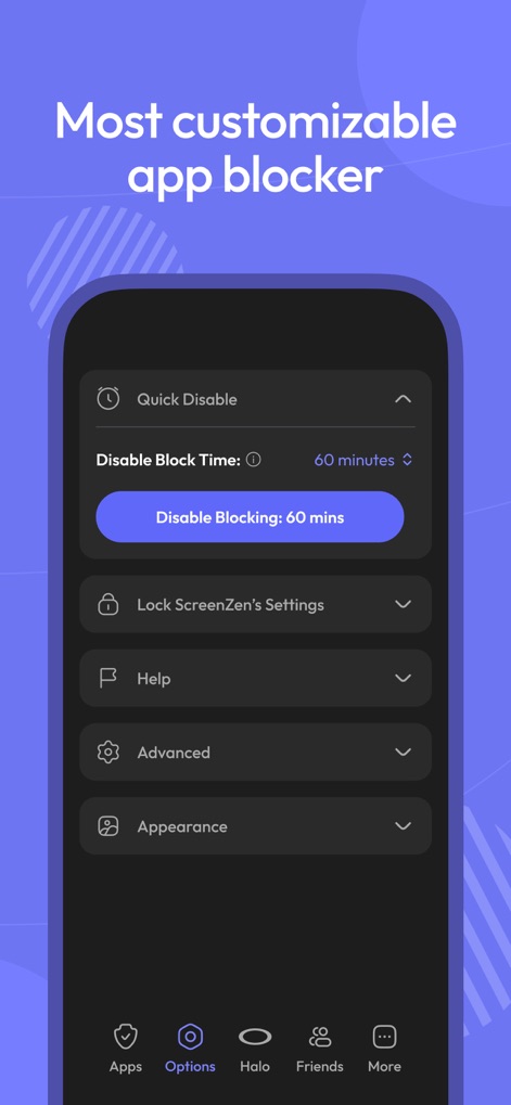 ScreenZen- Screen Time Control - Users can temporarily manage controls with the "Quick Disable" feature for durations like "60 minutes" and secure their settings via the "Lock ScreenZen's Settings" option.