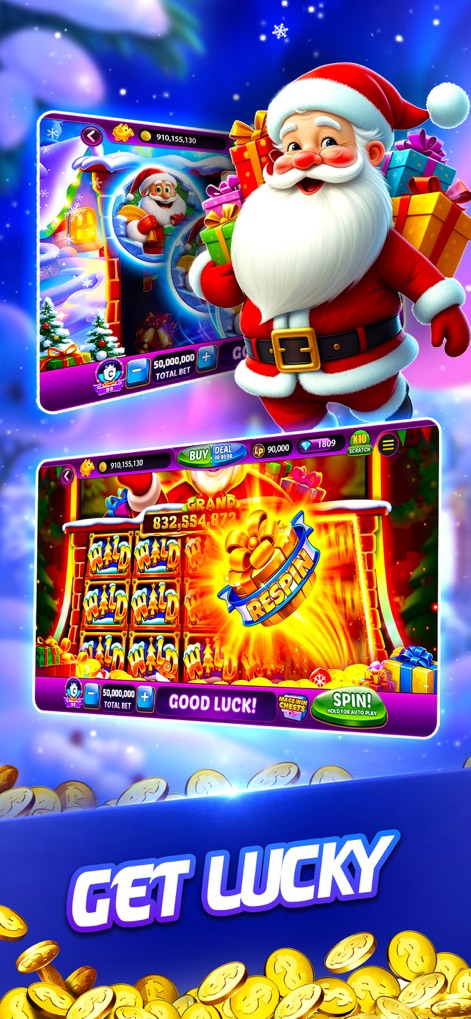 Lotsa Slots™ - Vegas Casino - This app brings festive cheer with a Santa Claus character and a 'RESPIN' bonus feature within a winter wonderland slot theme.