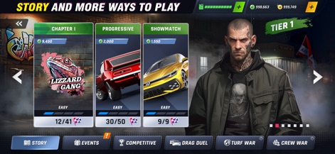 Racing Kingdom - Discover the diverse gameplay experiences offered in the app, from the narrative-driven 'Story' chapters featuring 'Lizzard Gang' to competitive 'Drag Duel' challenges.