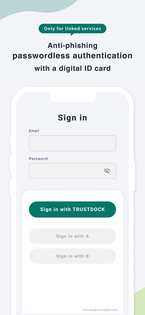 TRUSTDOCK - The app streamlines access to linked services with a prominent "Sign in with TRUSTDOCK" button, enhancing anti-phishing passwordless authentication.