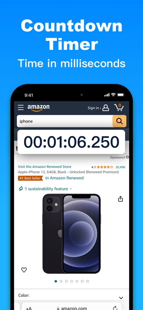 Split Screen - Floating Apps - La aplicación integra un temporizador de cuenta regresiva con precisión de milisegundos, que se muestra flotante sobre la interfaz de la aplicación de compras de Amazon, ideal para ofertas o eventos con límite de tiempo.
