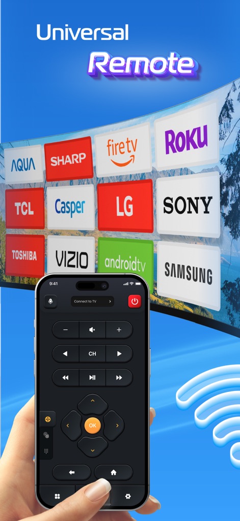 Universal Remote for TV Smart - Die App vereint die Kontrolle über diverse Smart-TV-Marken auf dem Smartphone, wobei das Handy die Fernbedienungsoberfläche (X) darstellt und ein TV-Bildschirm die Kompatibilität mit zahlreichen Logos (Y) anzeigt.