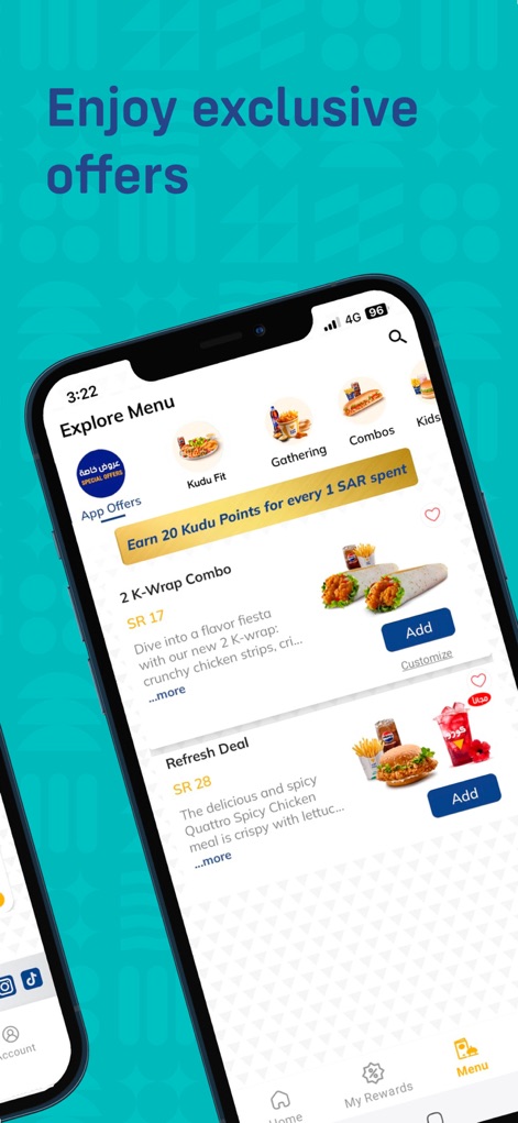 Kudu Restaurant - Saudi Arabia - This section reveals exclusive app offers, such as discounted meal combos, and prominently displays the Kudu Rewards system, enabling users to earn points like '20 Kudu Points for every 1 SAR spent'.