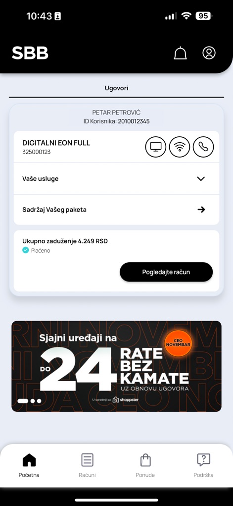 Moj SBB - O aplicativo exibe uma visão clara do status da conta do usuário, incluindo o saldo devedor principal com o texto 'Ukupno zaduženje' e a opção para 'Pogledajte račun' (ver fatura), proporcionando transparência financeira.