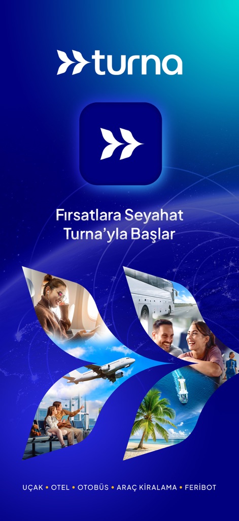 Turna - Uçak Otel Otobüs Araç - This initial view showcases the app's comprehensive scope, from global flight connections to diverse transportation methods like buses and ferries.