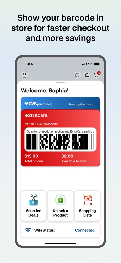 CVS Health App Store screenshot 2, headline “Show your barcode in store for faster checkout and more savings”. Says “you” or “your”.