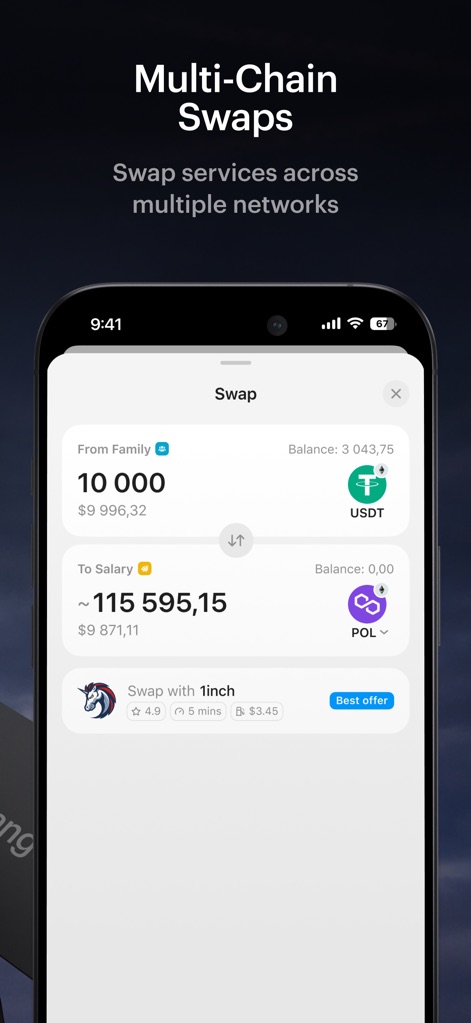 Tangem - Crypto wallet - Der Screenshot präsentiert die "Multi-Chain Swaps"-Funktion, die es Nutzern ermöglicht, Vermögenswerte wie "USDT" und "POL" über eine integrierte Schnittstelle, unterstützt durch "1inch", zu tauschen.