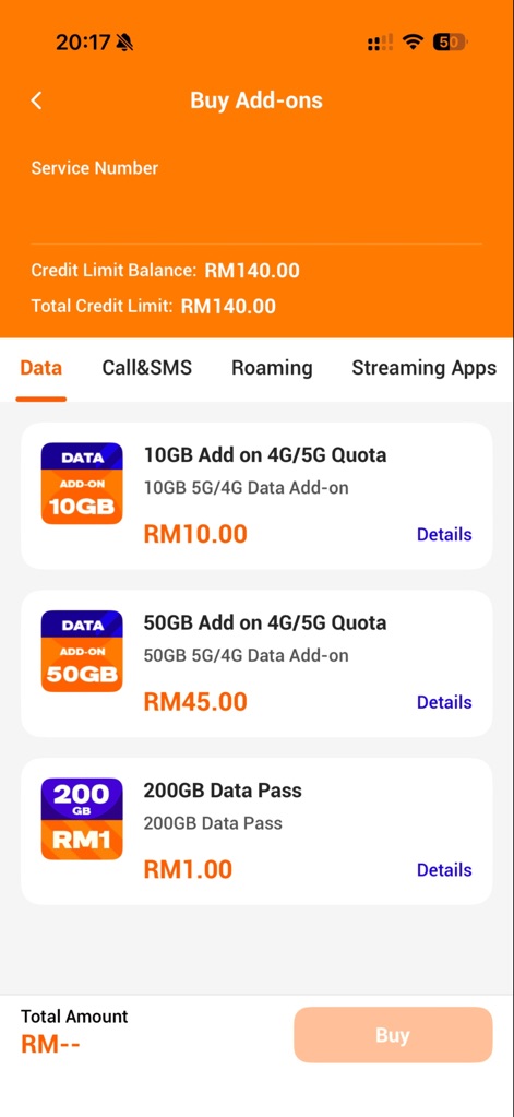 Unifi UniVerse - Los usuarios pueden adquirir fácilmente paquetes de datos adicionales, como la opción de "10GB 5G/4G Quota" o la oferta de "200GB Data Pass RM1.00", con precios claros.