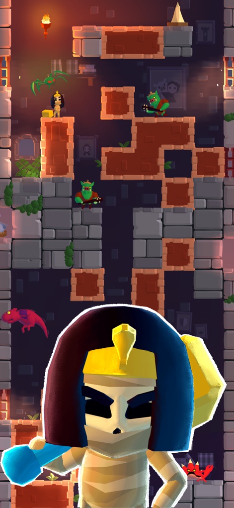 Once Upon a Tower - Observe the wide array of enemies and traps challenging the player, from agile lizard creatures to sharp wall spikes, as a unique princess skin progresses downwards.