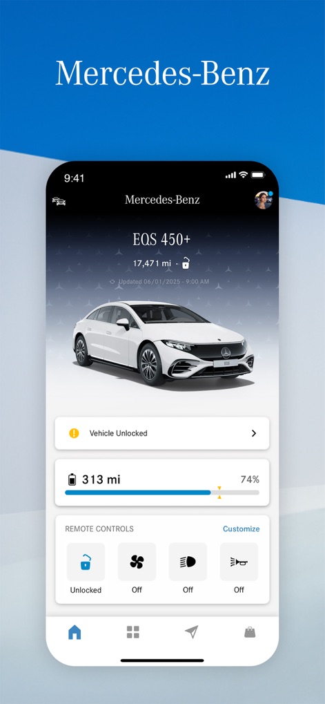 Mercedes-Benz (USA/CA) - Users can monitor their vehicle's vital statistics at a glance, including the current battery level and remote control status.