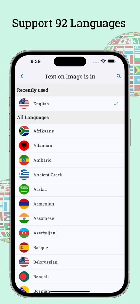 AI Scanner : Image to Text - View the extensive "92 Languages" supported by the app, featuring a clear list of diverse languages from Afrikaans to Bengali for broad accessibility.