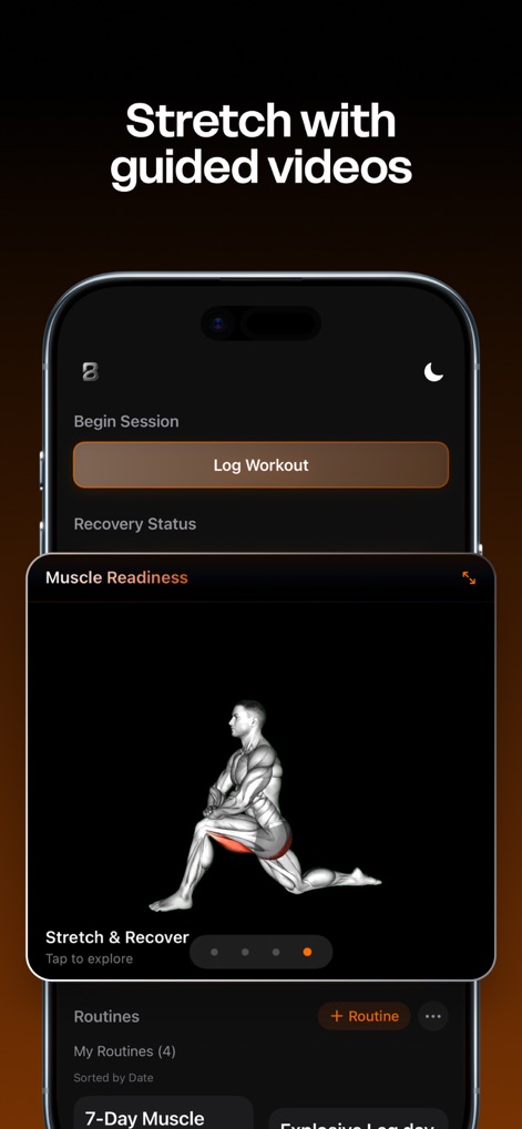 Built Workout - Users can engage in guided recovery sessions, featuring a visual stretch animation and a convenient carousel for exploring various stretch options.