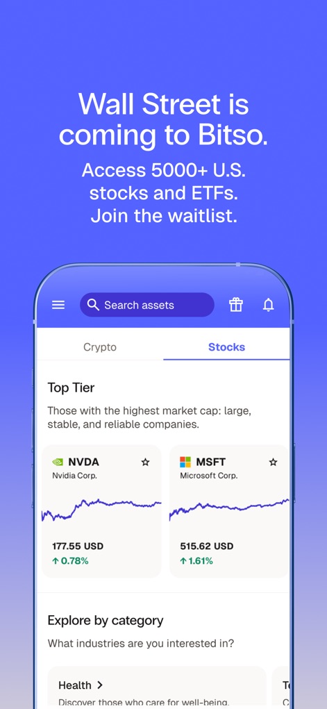 Bitso: Save and invest easily - Explore how the app highlights 'Top Tier' stocks with detailed market graphs and allows users to browse investments by diverse categories.