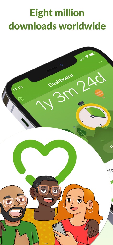 Smoke Free - Quit Smoking Now - Users can monitor their progress on the clear dashboard, displaying total quit time and celebrating achievements with supportive community illustrations.