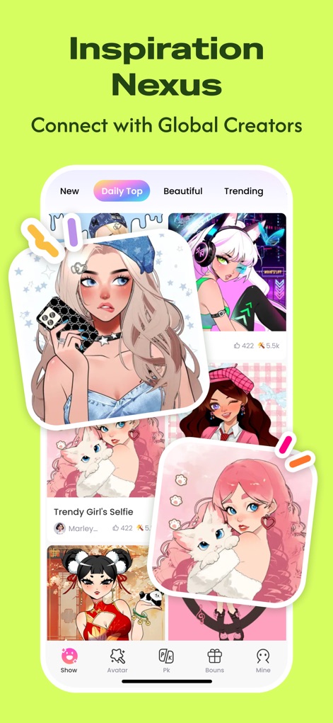 Neku: make avatar sticker - Immerse yourself in a vibrant feed of diverse avatar creations and engage with the app's dynamic community interaction elements, such as likes and views.