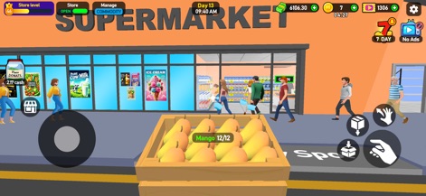 Supermarket Tycoon 3D - The app showcases the bustling store entrance with customers actively entering, alongside inviting outdoor produce displays like the fresh mango crates.