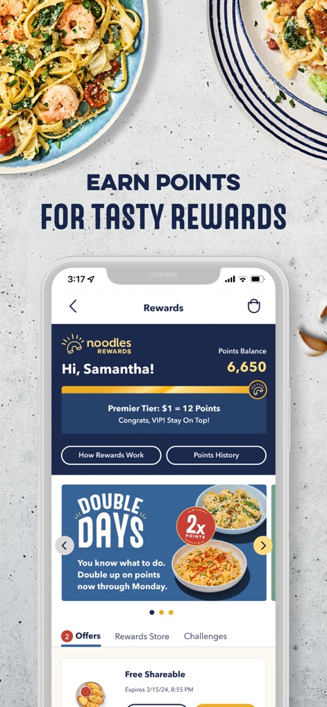 Noodles and Company - Users can effortlessly track their points balance and loyalty tier, while exploring exciting promotions and personalized reward offers.