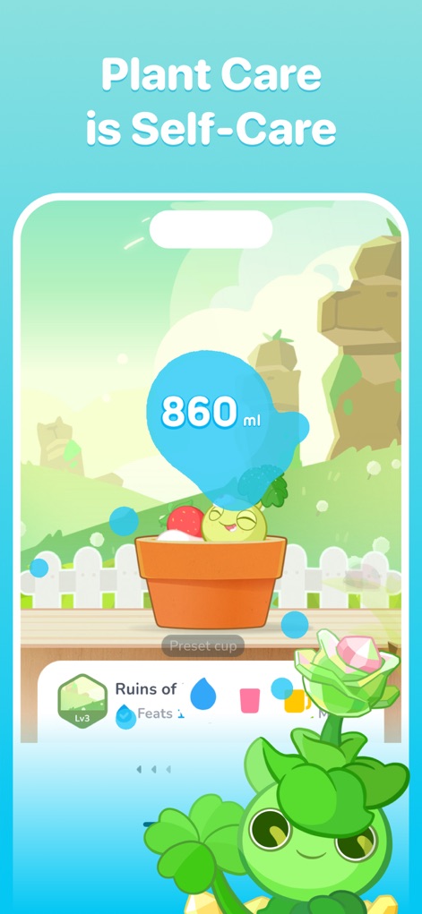Plant Nanny Cute Water Tracker - Los usuarios pueden registrar fácilmente su ingesta de 860 ml de agua, viendo cómo la planta en maceta es regada y cómo su nivel (Lv3) progresa con cada aporte.