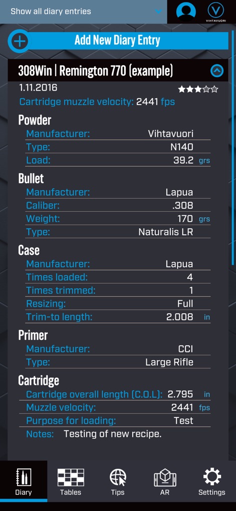 Vihtavuori Reload - 弾薬の再装填レシピの包括的な詳細が示されており、火薬の種類や弾頭の口径と重量、使用した雷管のメーカーなどの詳細情報にアクセスできます。