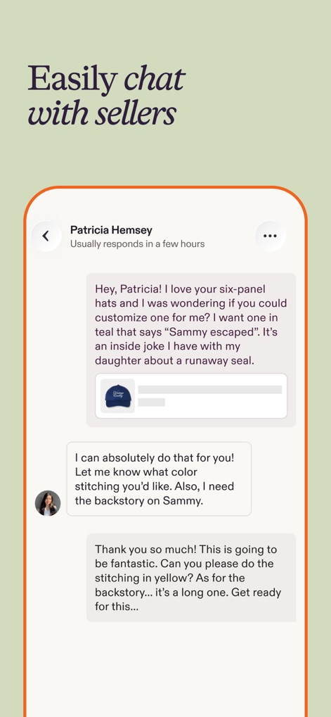 Etsy: Shop Home, Style & More - The app facilitates seamless communication through its integrated chat interface, allowing users to easily message sellers and discuss customization details like with "Patricia Hemsey."