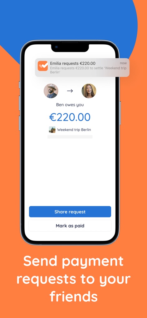 Splitser - WieBetaaltWat - Users can generate and send personalized payment requests, featuring clear debt amounts and options to 'Share request' or 'Mark as paid' directly.