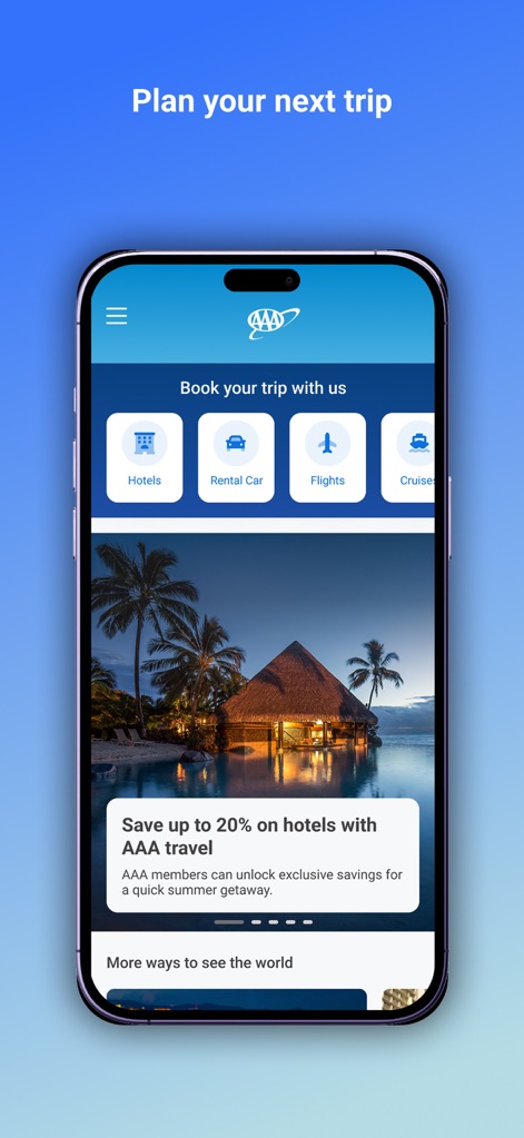 AAA Auto Club - 사용자는 호텔, 렌터카, 항공권과 같은 다양한 여행 상품을 이 앱에서 예약할 수 있으며, AAA 여행을 통해 호텔에서 최대 20% 할인을 받을 수 있습니다.