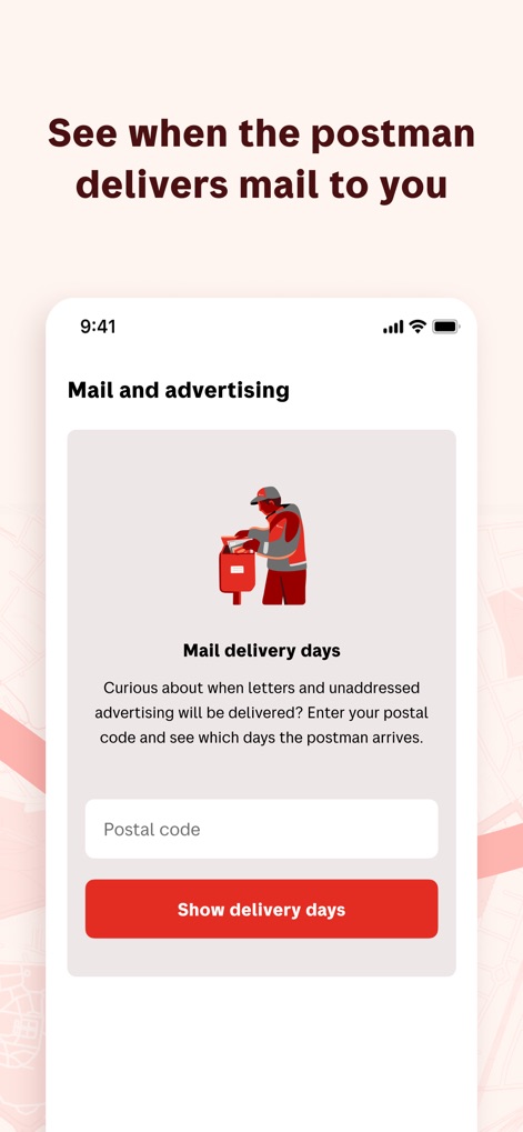 Posten - This feature allows users to enter their postal code to view specific 'Mail delivery days', providing transparency on their postal service schedule.
