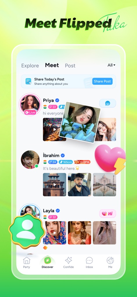 Taka - Chat Room,Live Stream - 이 화면은 다양한 사용자 프로필과 사진 게시물이 있는 글로벌 사용자 탐색 기능을 보여주며, 라이브 표시와 함께 새로운 사람들을 만날 수 있는 기회를 제공합니다.