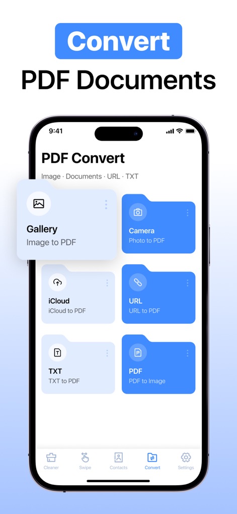 Cleaner: Phone Cleanup App - Les utilisateurs peuvent convertir une multitude de formats en PDF, que ce soit à partir de la galerie d'images, de fichiers iCloud ou même d'URLs, et bénéficient également d'une fonction pour transformer les PDF en images avec facilité.