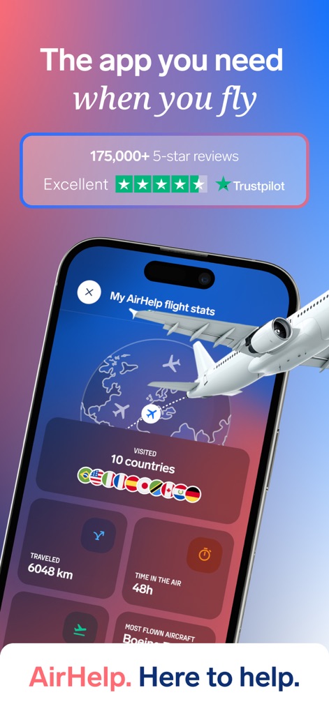 AirHelp・Flight Tracker - La aplicación presenta un resumen claro de los vuelos, mostrando los "países visitados" con sus banderas y la "distancia total recorrida" por el usuario.