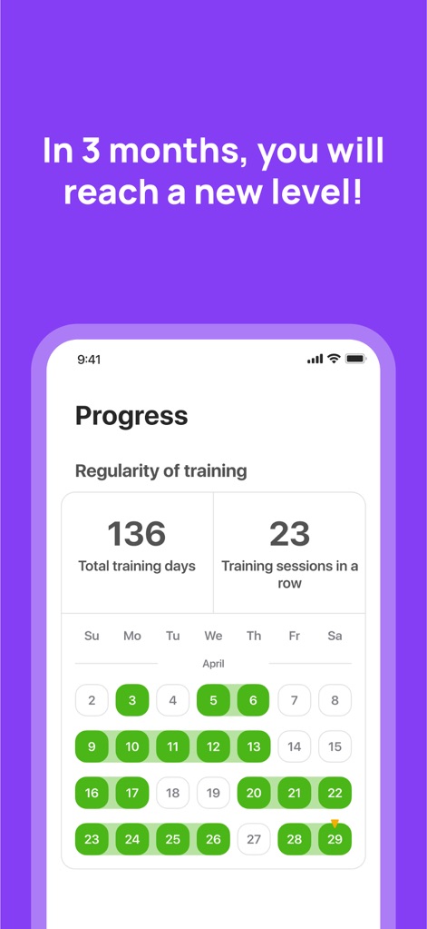 10 Minute English - Visualize language growth with the app's detailed progress dashboard, showcasing total training days and a clear calendar view to track consistent learning streaks.