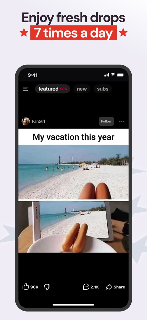 ABPV－America’s best pics, vids - Esta pantalla ilustra la entrega frecuente de nuevos memes, como el chiste visual de las "vacaciones", destacando la promesa de siete actualizaciones diarias para mantener a los usuarios constantemente entretenidos.