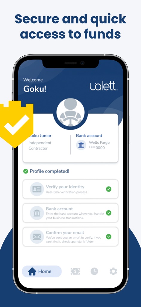 Ualett - Esta pantalla de perfil resalta la seguridad con íconos de verificación para "Verify your Identity" y "Bank account", asegurando a los usuarios la protección de sus datos.