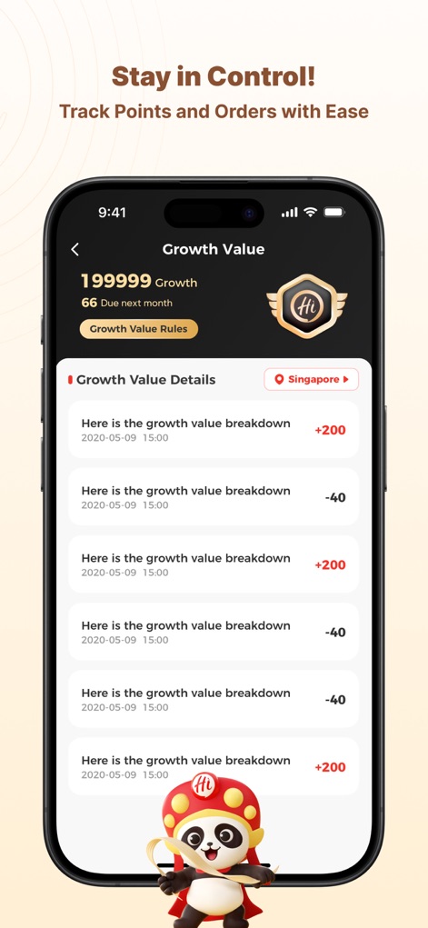 Haidilao - The app provides a transparent overview of a user's loyalty journey, detailing their growth value transactions and clearly indicating their progress towards the next membership level.