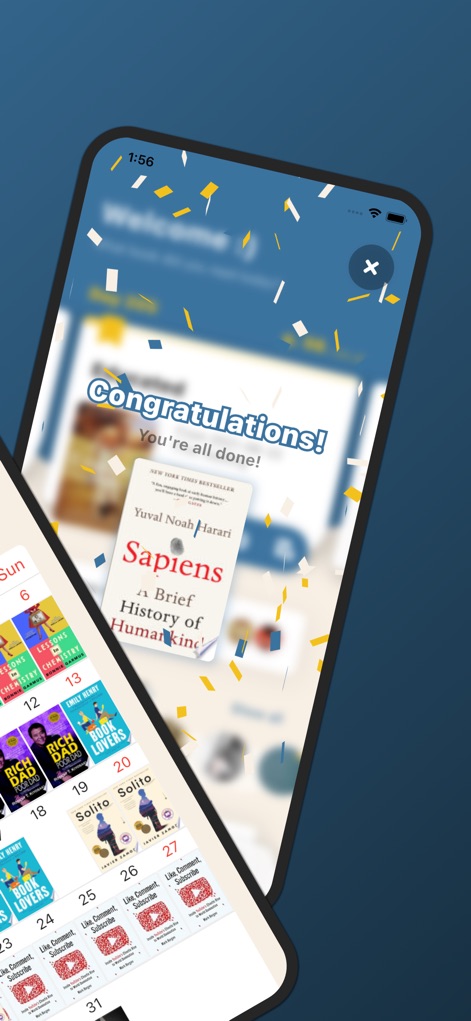 Bookmory - reading tracker - Users are greeted with a celebratory "Congratulations!" message, indicating a completed book, while the underlying calendar visualizes past reading achievements.