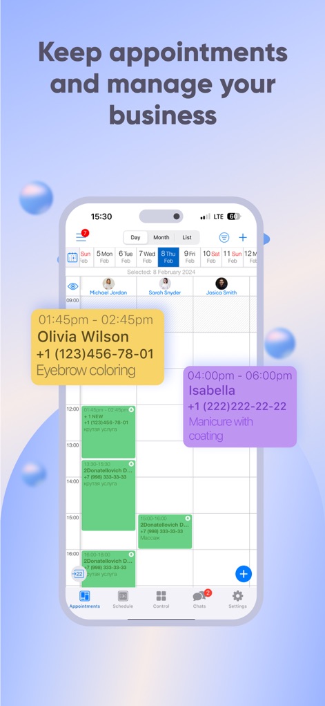 DIKIDI Appointments Scheduling - See how the app's intuitive calendar view and detailed individual appointment cards simplify daily scheduling and client management.