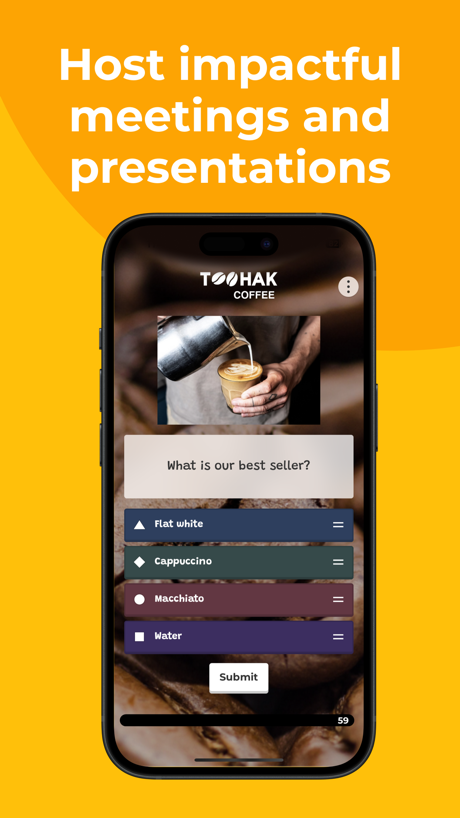 Kahoot! Play & Create Quizzes App Store screenshot 6, headline “Host impactful meetings and presentations”. A hand holds the phone.