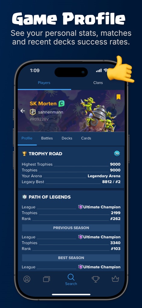 Stats Royale for Clash Royale - La aplicación ofrece un análisis profundo del progreso del jugador, mostrando tanto sus "Highest Trophies" como su ubicación actual y un desglose detallado de su "Path of Legends" rank.