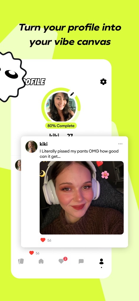 Romi: Make Friends, Have Fun - Users can personalize their profile into a unique vibe canvas, displaying their individuality through posts and completing an 80% profile setup.