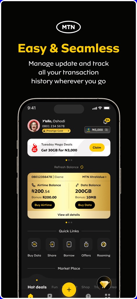myMTN NG - Observe the intuitive dashboard featuring real-time account balances for airtime and data, alongside accessible Quick Links for essential services.