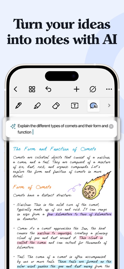 Noteshelf 3: AI Digital Notes - ユーザーはAIによる質問応答機能を活用して、手書きのイラストとテキストで複雑な情報を瞬時に理解し、ノートにまとめることができます。
