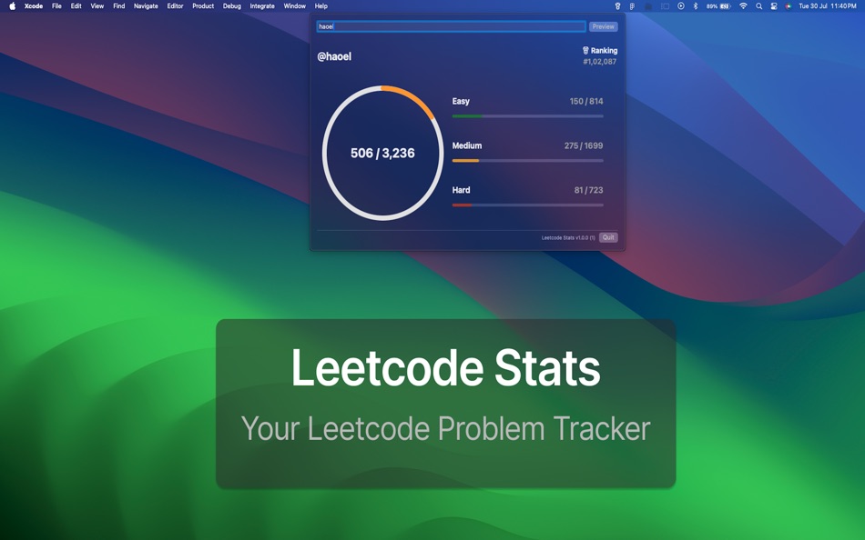 Leetcode Stats (macOS) 来自: Vinoth Ramajeyam