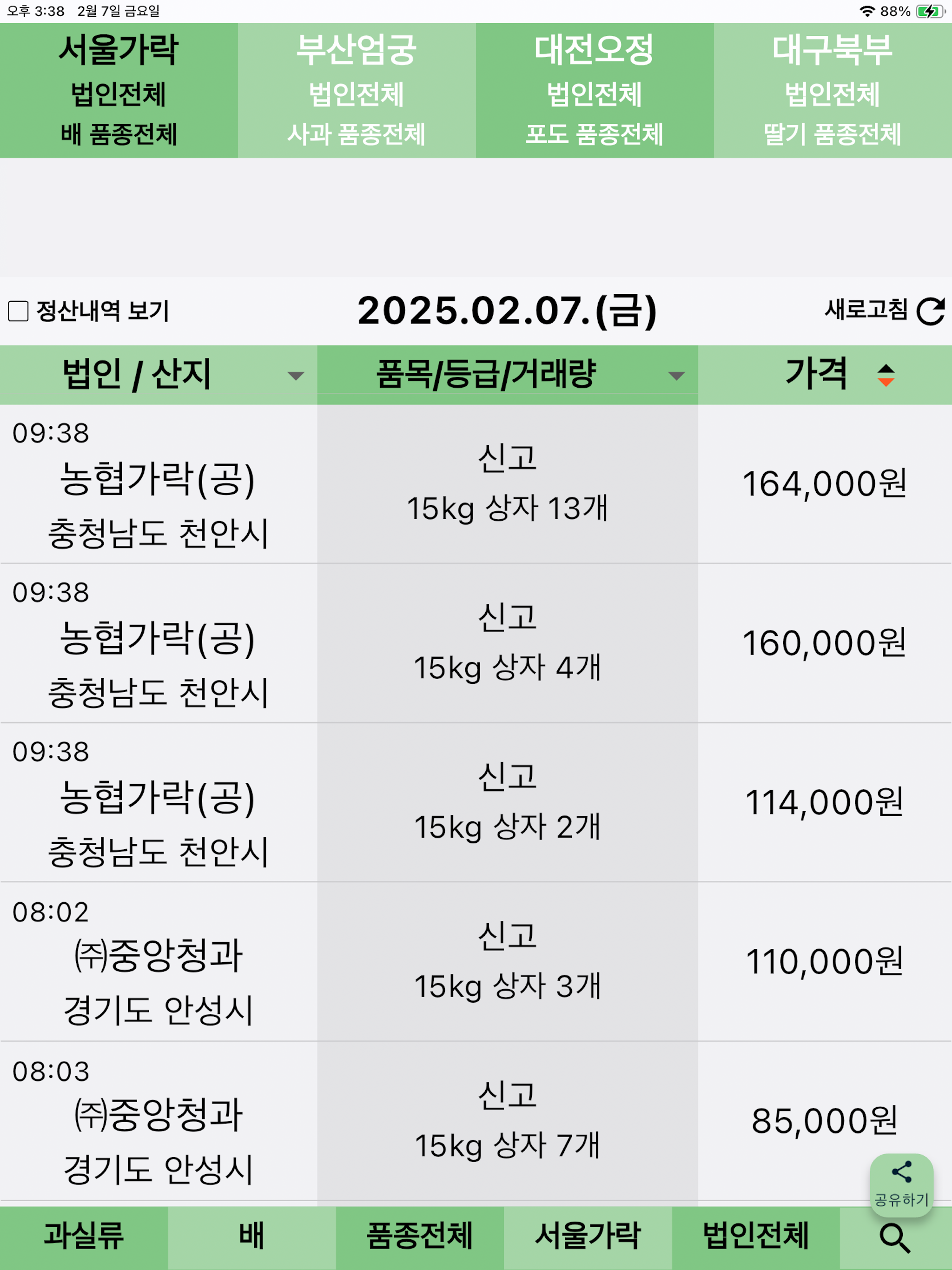 농산물 실시간 경매 가격