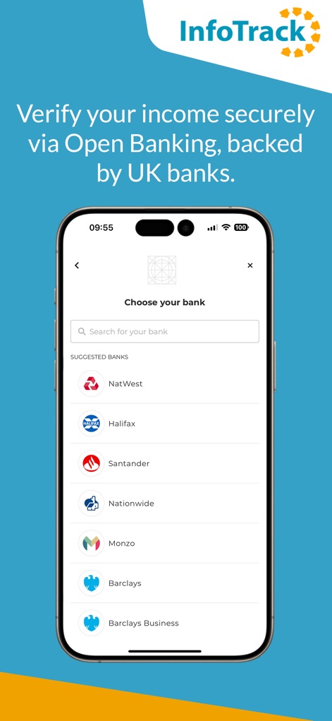 eCOS Legal - 사용자는 오픈 뱅킹을 통해 자신의 수입을 안전하게 확인할 수 있으며, '은행 검색' 기능을 사용하여 특정 은행을 찾거나 'NatWest' 및 'Halifax'와 같은 추천 은행 목록에서 선택할 수 있습니다.