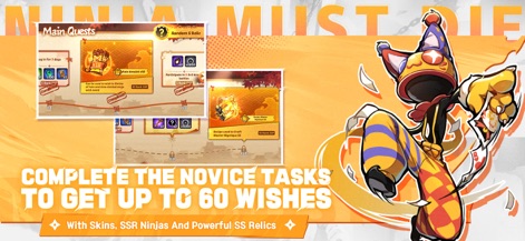 Ninja Must Die - Users can track their journey through a clear "Main Quests" interface and anticipate earning up to "60 Wishes" for valuable in-game items.