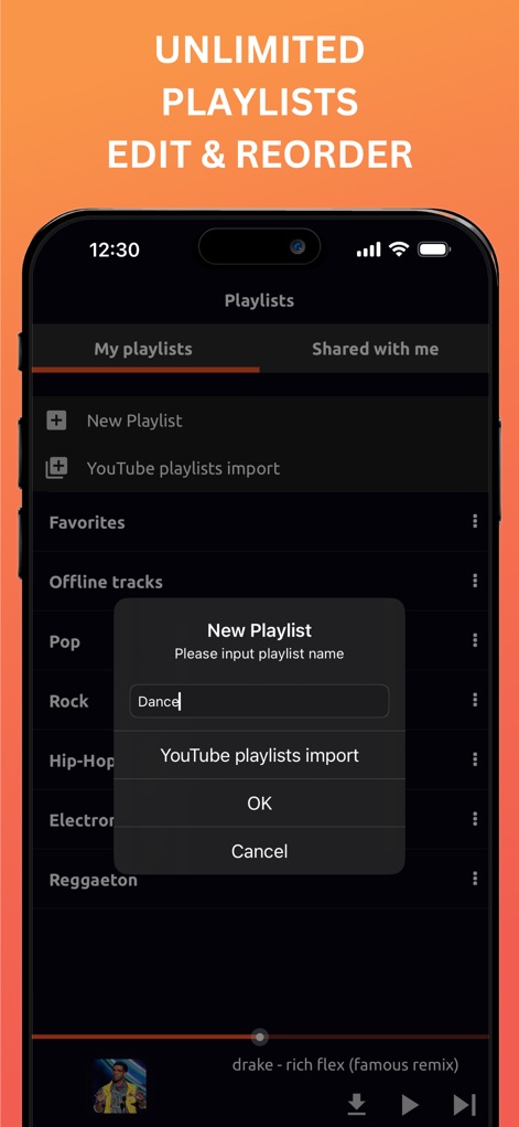 Music Downloader / MP3 Player - La gestión de contenido es sencilla, permitiendo a los usuarios crear nuevas listas de reproducción a través de un simple diálogo de entrada y 'importar playlists de YouTube' existentes para una organización personalizada.